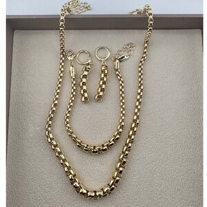 Gold Tone Box Link Jewelry Set Necklace Bracelet Huggie Earrings 3 Piece Set